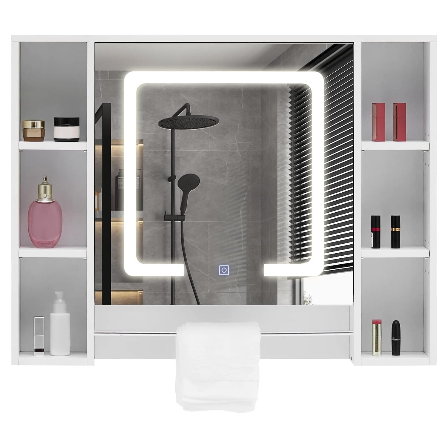 CLIPOP Armadietto da bagno con specchio illuminato a LED, armadietto da parete con ripiani regolabili in altezza e rack a torre, armadietto con specchio per soggiorno, bagno e WC