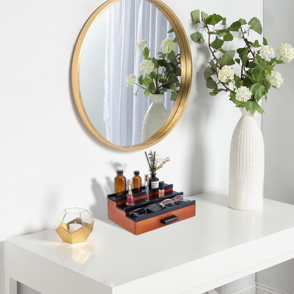 DICOSMETIC Organizer per acqua di colonia, in legno, per uomini, 3 piani, colonia, supporto per acqua con scomparto nascosto e cassetto in legno, organizzatore per profumi da scrivania, scaffale per