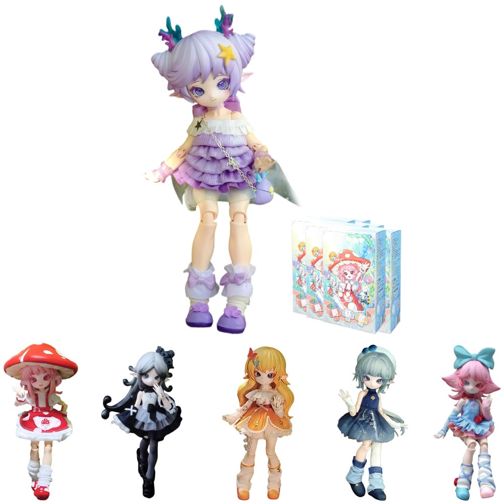 niannyyhouse BJD Blindbox-Figur, Maßstab 1:12, Ballgelenkpuppe mit Kleidung, Pilzmädchen-Serie, bewegliche Sammelfigur, Anzieh-Actionfigur (6 Stück)