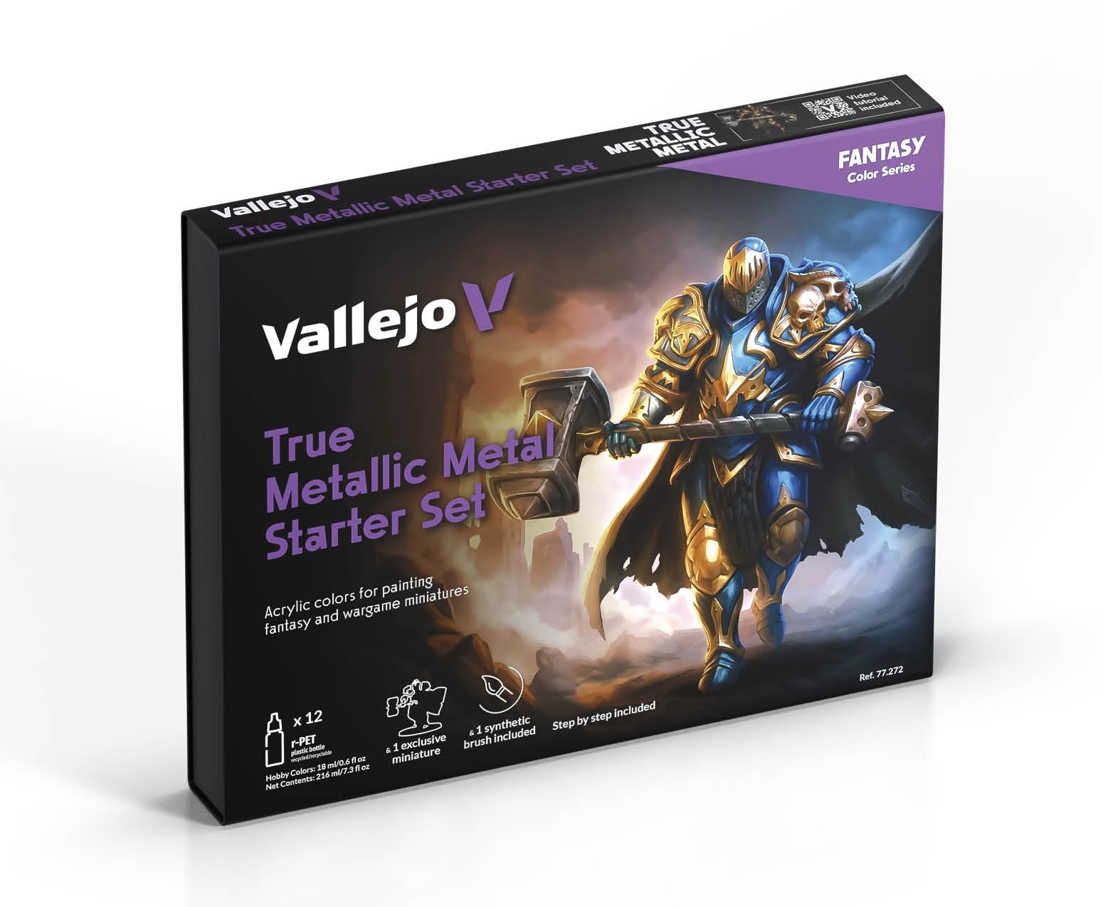 Vallejo True Metallic Metal Starter Set - Zestaw Startowy Farba Metaliczna dla Miniatur - 12 Kolorów po 18ml + Pędzel + Ekskluzywna Miniatura