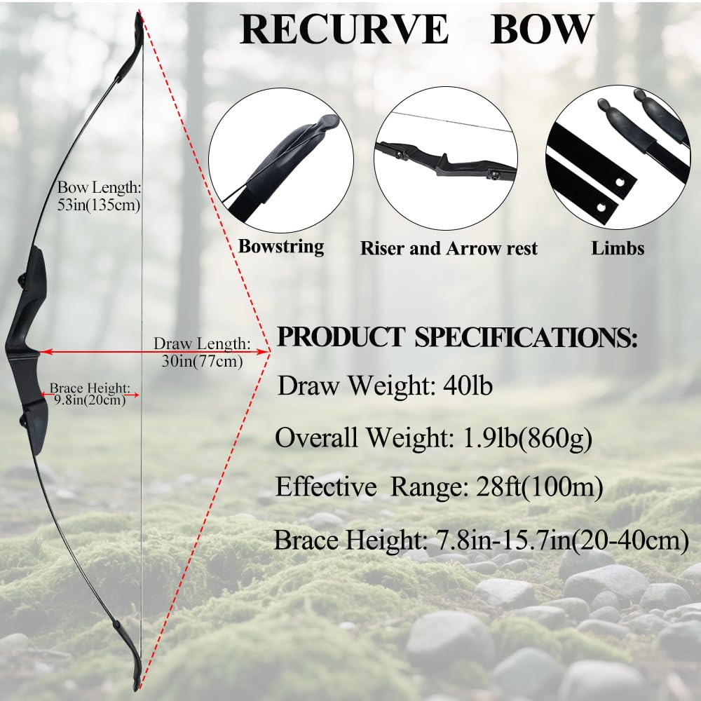 Set Arco e Arrow Recurve per Adulti, Set Tiro con Arco Recurve Archi Takedown 40 libbre per Principiante e Gioventù per Premi all'aperto da Backyard