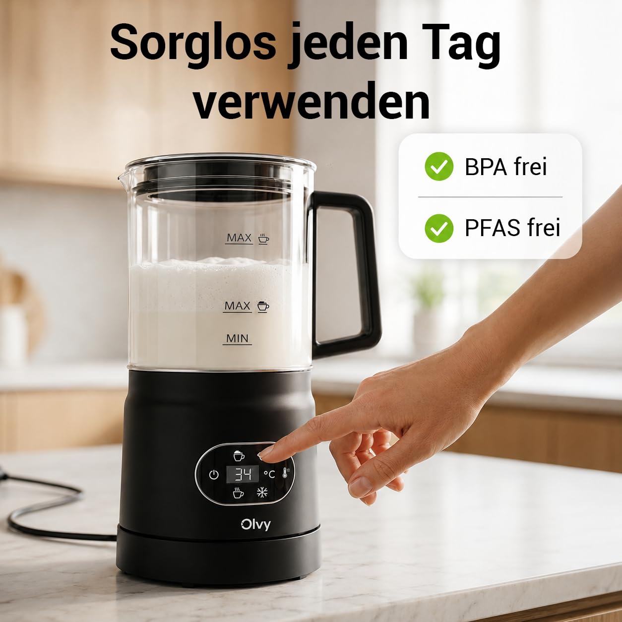 Olvy Milchaufschäumer Elektrisch | Milchschaumgerät für Barista Qualität