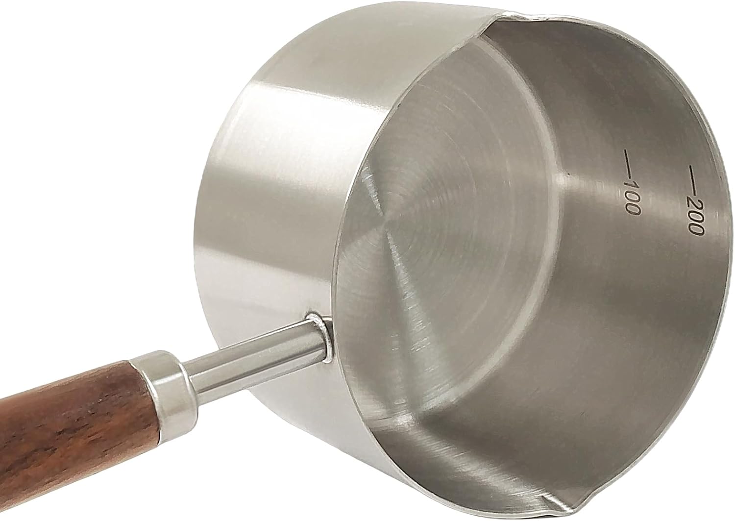 Mini Cooking Pot 250ml, Stainless Steel Butter Warmer with Wooden Handle & Dual Pour Spouts, Small Sauce Pan for Melting Butter, Heating Milk, Coffee, Chocolate