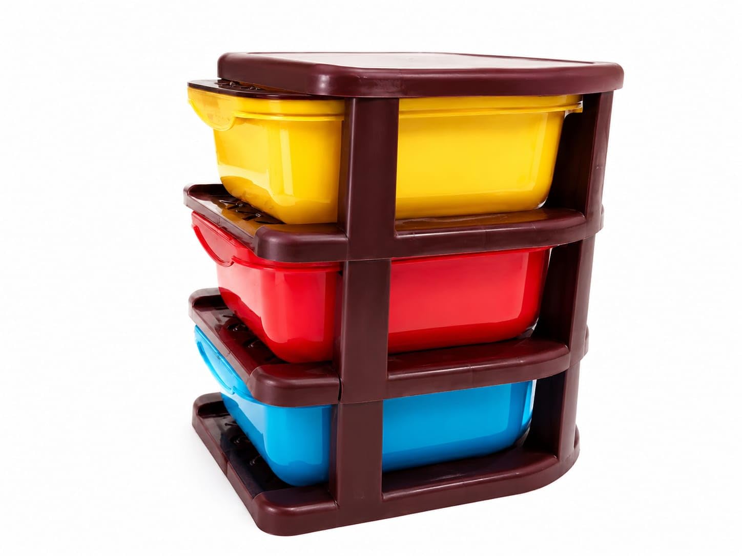 3-Drawer Plastic Storage Cabinet with Colourful Drawers | Yellow, Red & Blue Drawers, Dark Brown Frame, Stackable Design, Multipurpose Organiser, Pull-Out Drawers-image-42