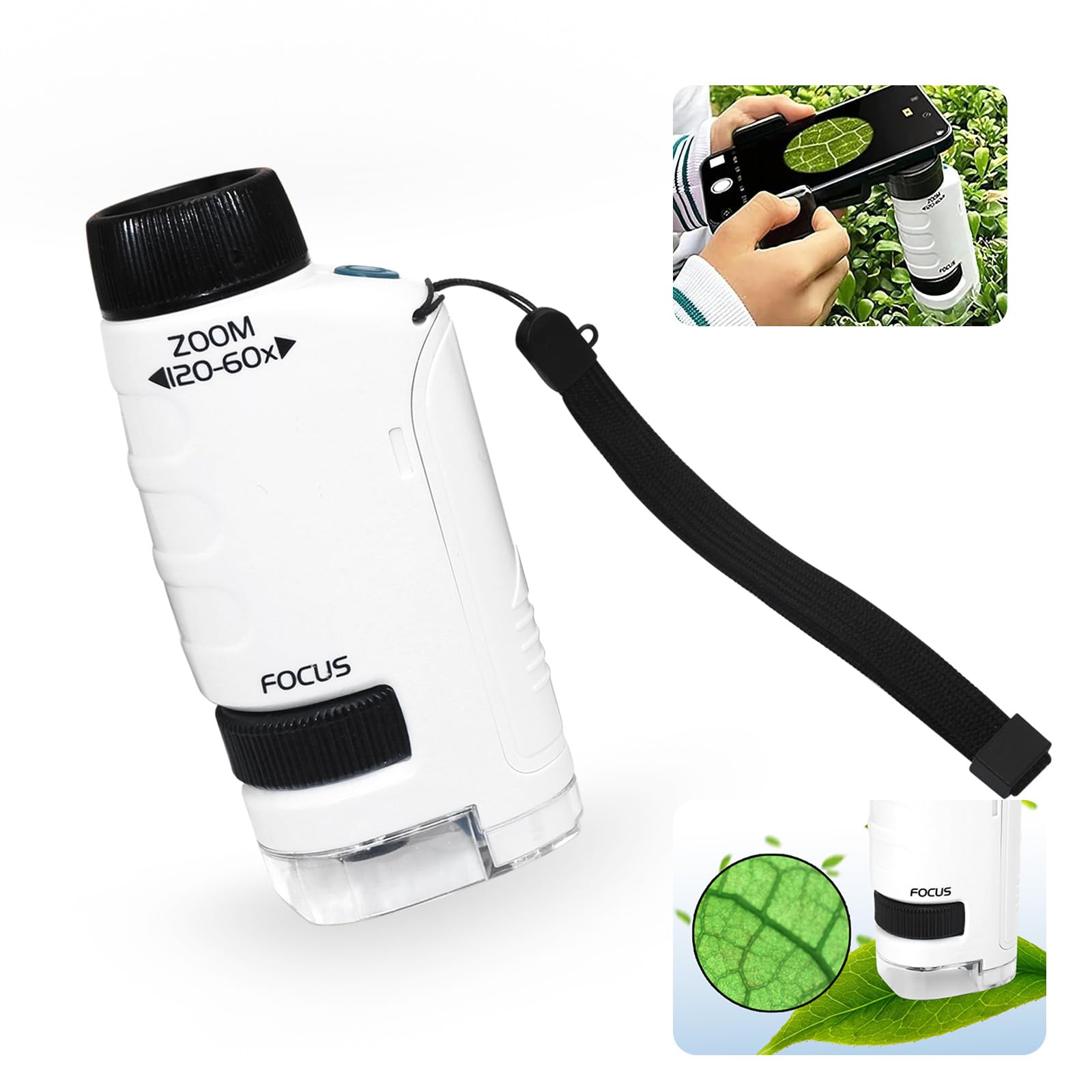 Liayozl Miniscope for Kids, Portable Pocket Microscope with LED Lights, Handheld Pocket Microscope for Kids Student Adults Scientific Experiment (White)