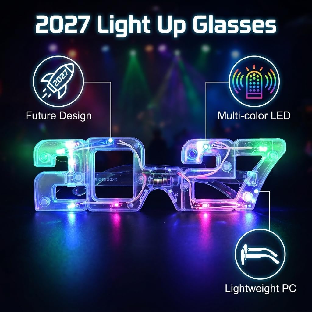 Toner Depot 2027 Light Up Glasses, LED Flashing Eyeglasses, 6 Pack, Class of 2027 Graduation Party Favors, Photo Booth Props for New Year's Eve