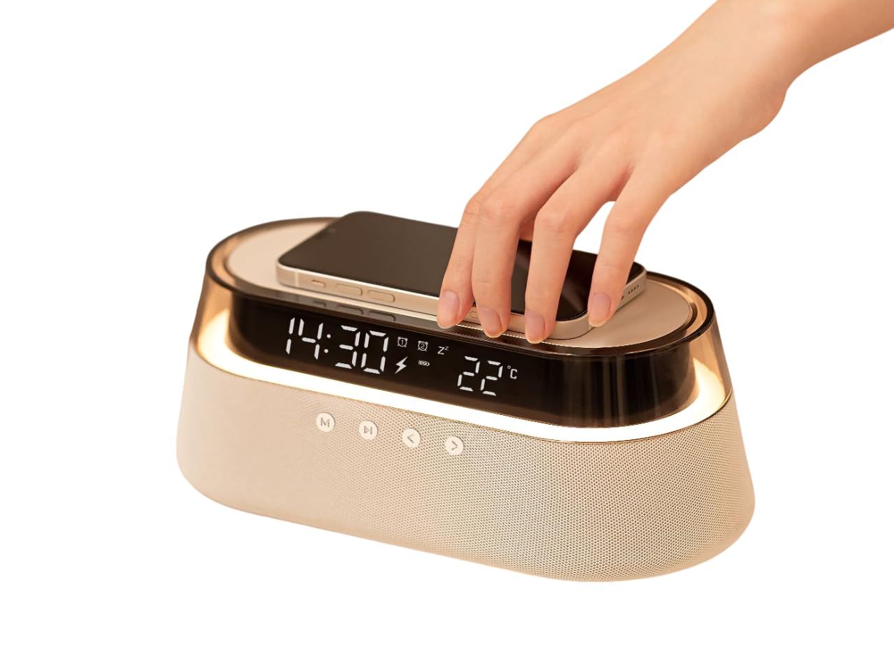 Station intelligente | Station de charge sans fil 6 en 1 | Haut-parleur Bluetooth | Horloge | Lampe | Radio | Chargeur sans fil rapide 15 W | Chargeur de téléphone portable pour iPhone