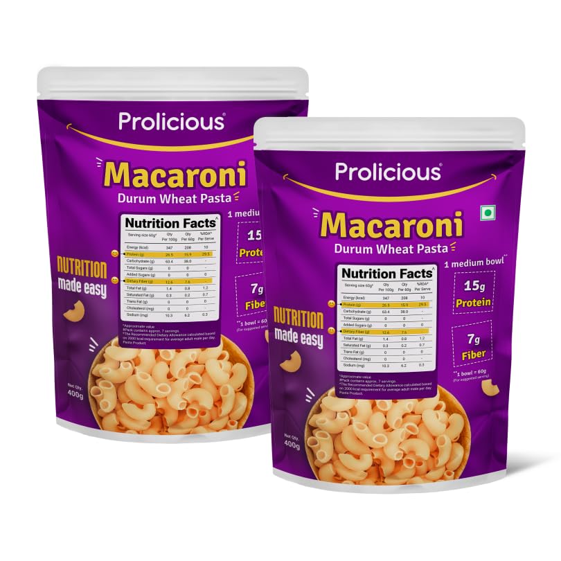 Image of Prolicious Macaroni Pasta | Upgrade Your Pasta Time | 15g Protein + 7g Fibre | Durum Wheat & Peanut Flour | No Maida, Not Fried | 2.6X More Protein | For Masala, White Sauce, Baked & More | 400g (Pack of 2)