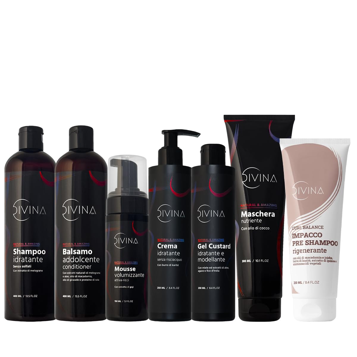 Kit Completo capelli per capelli ricci Natural&Amazing di DIVINA BLK, 7 prodotti inclusi, trattamento completo