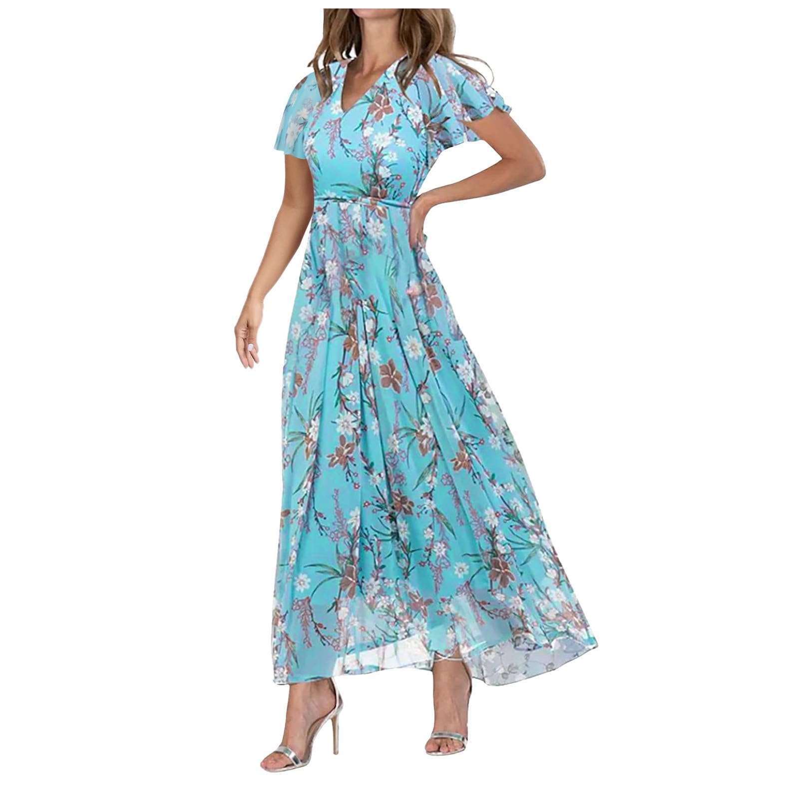EduavarFloral Dresses for Women 2024, Womens Summer Dresses Short Sleeve V Neck Chiffon Ruffle Dress Cute Flowy Maxi Dress