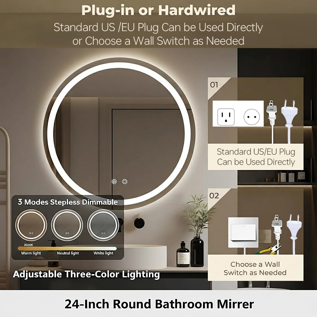 Specchio da Bagno LED con Illuminazione,Specchio Rotondo con Illuminazione,3 Colori di Luce Dimmerabili,Specchio da Bagno con Interruttore Touch e Antiappannamento,3000K-10000K (60 cm)