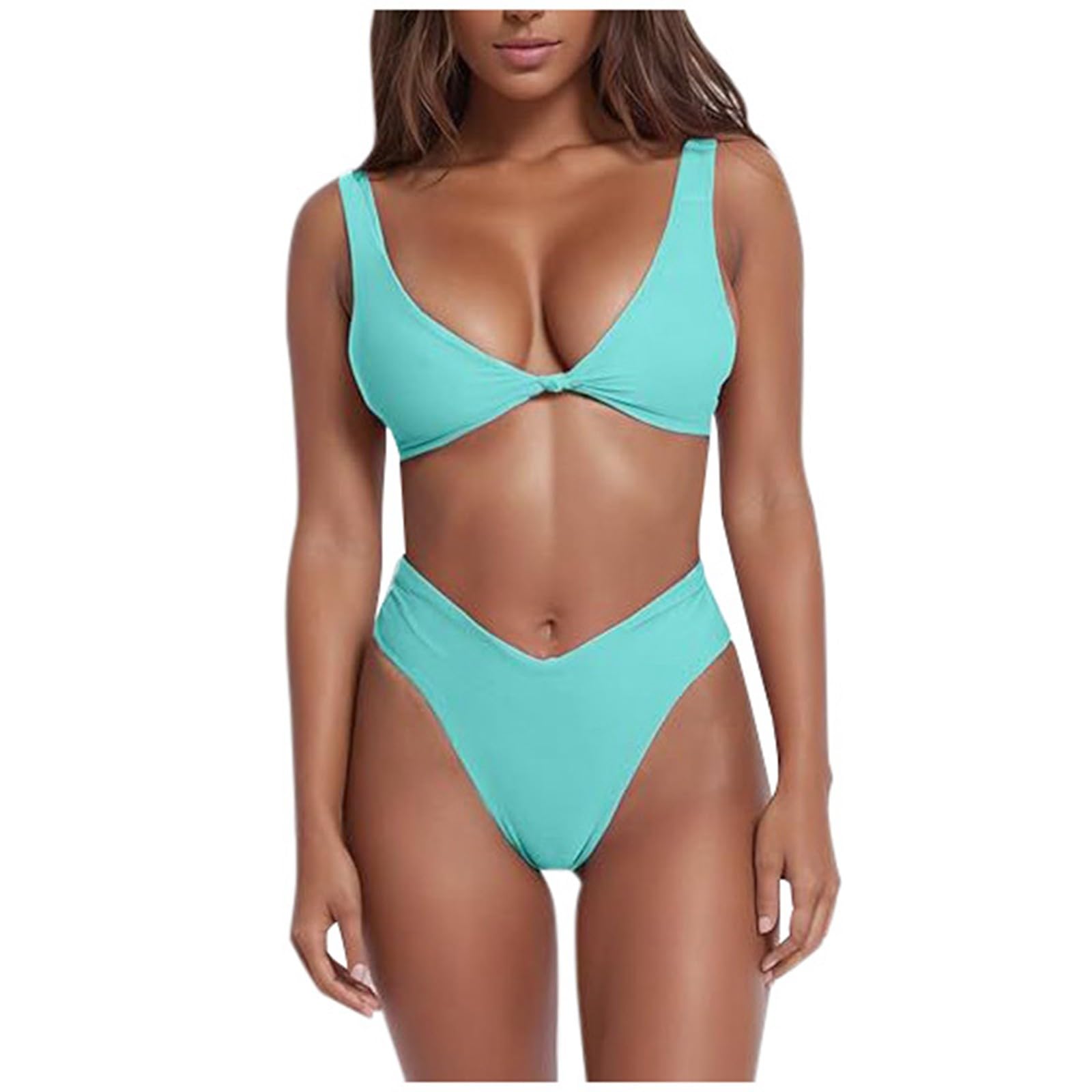 Generisch Bikini para mujer, traje de baño, traje de baño para mujer, moderno, conjunto de bikini, color sólido, traje de baño alto de playa 4