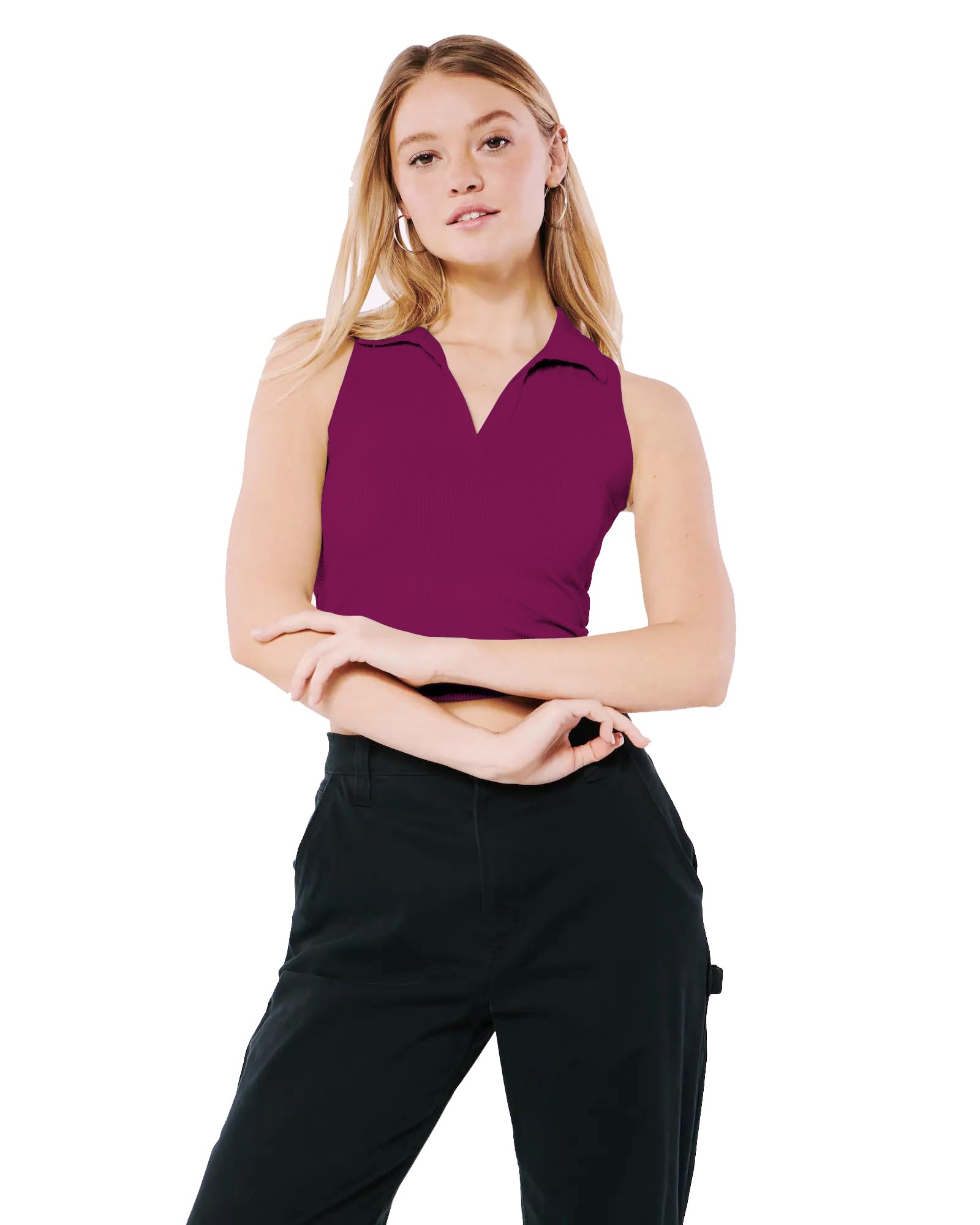 Sugathari Women's & Girl's Solid Ribbed V-Neck Sleeveless Crop Tops for Women (Top 49)