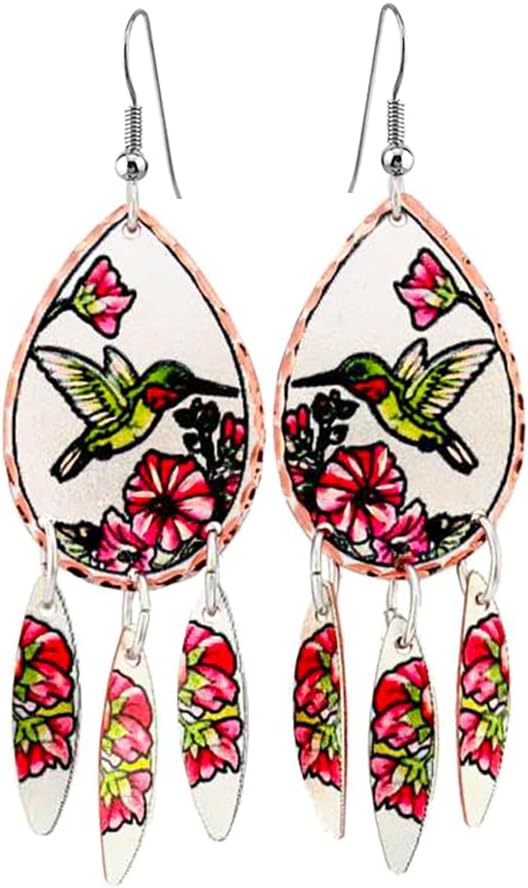 FRONT LINE JEWELRY Artisan Copper Hummingbird Earrings – Handmade Nature-Inspired Teardrop Design with Pink Trumpet Flower & Three Dangle Accents – Unique Floral Dangle Earrings for Women
