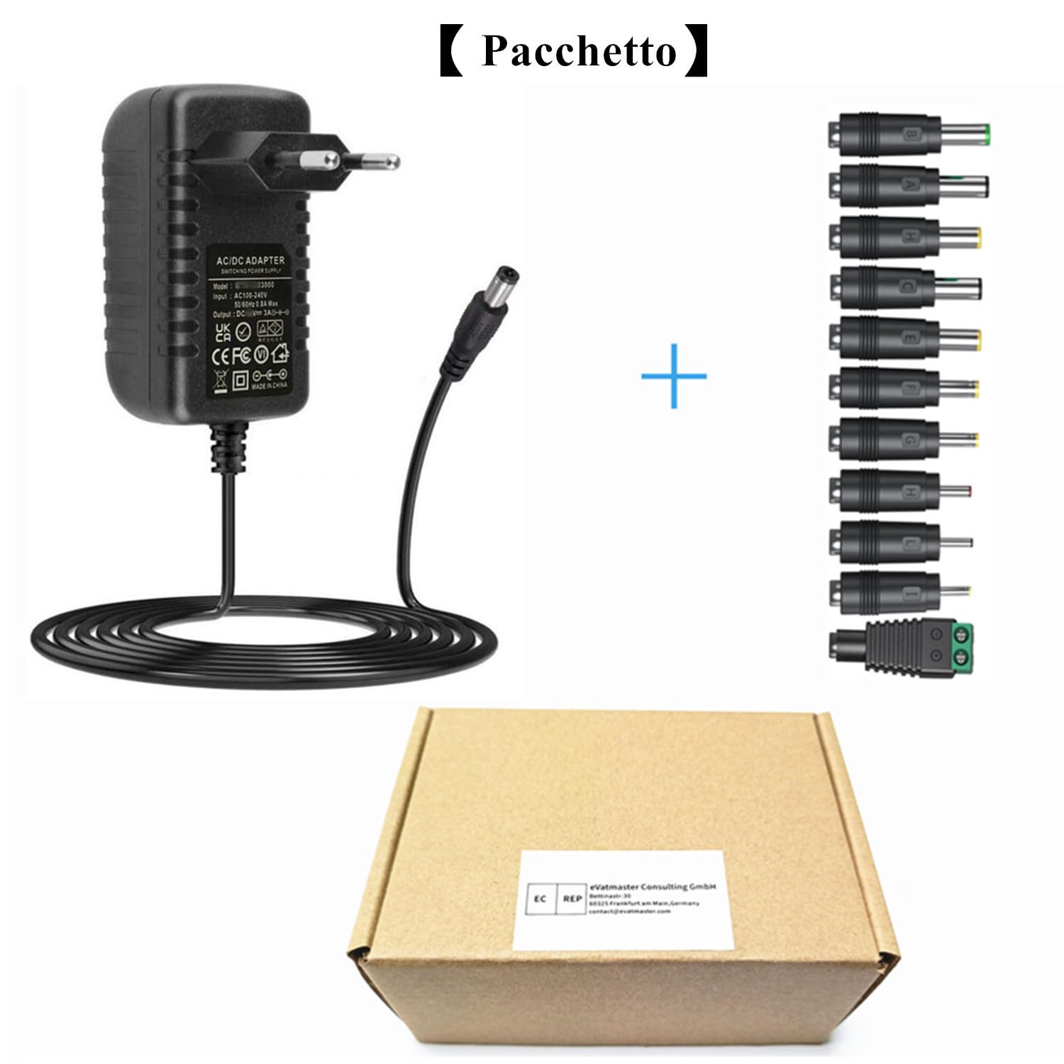 Alimentatore DC 24V 2A con 11 connettori DC a punta, convertitore AC a DC 24V 2Amp 1.5A 1A, trasformatore per strisce LED, luci, fotocamere, PC, display, monitor, altoparlanti, dispositivi 24V