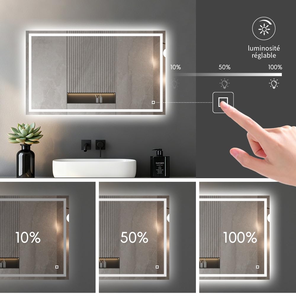 Miroir LED Réversible pour Salle de Bain 70x50 cm - Anti-Buée avec Interrupteur Tactile