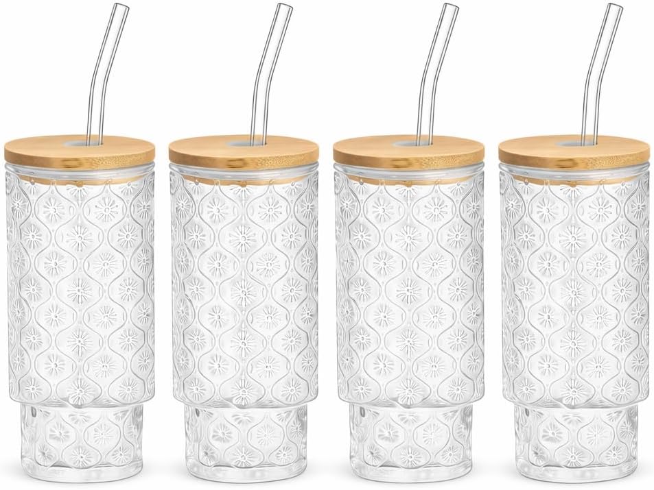 11oz Glass Cups with Bamboo Lids and Glass Straws, 4 Pack Clear Iced Coffee Cups, Vintage Embossed Drinking Tumblers, Smoothie Water Glasses Suitable for Hot and Cold Beverages