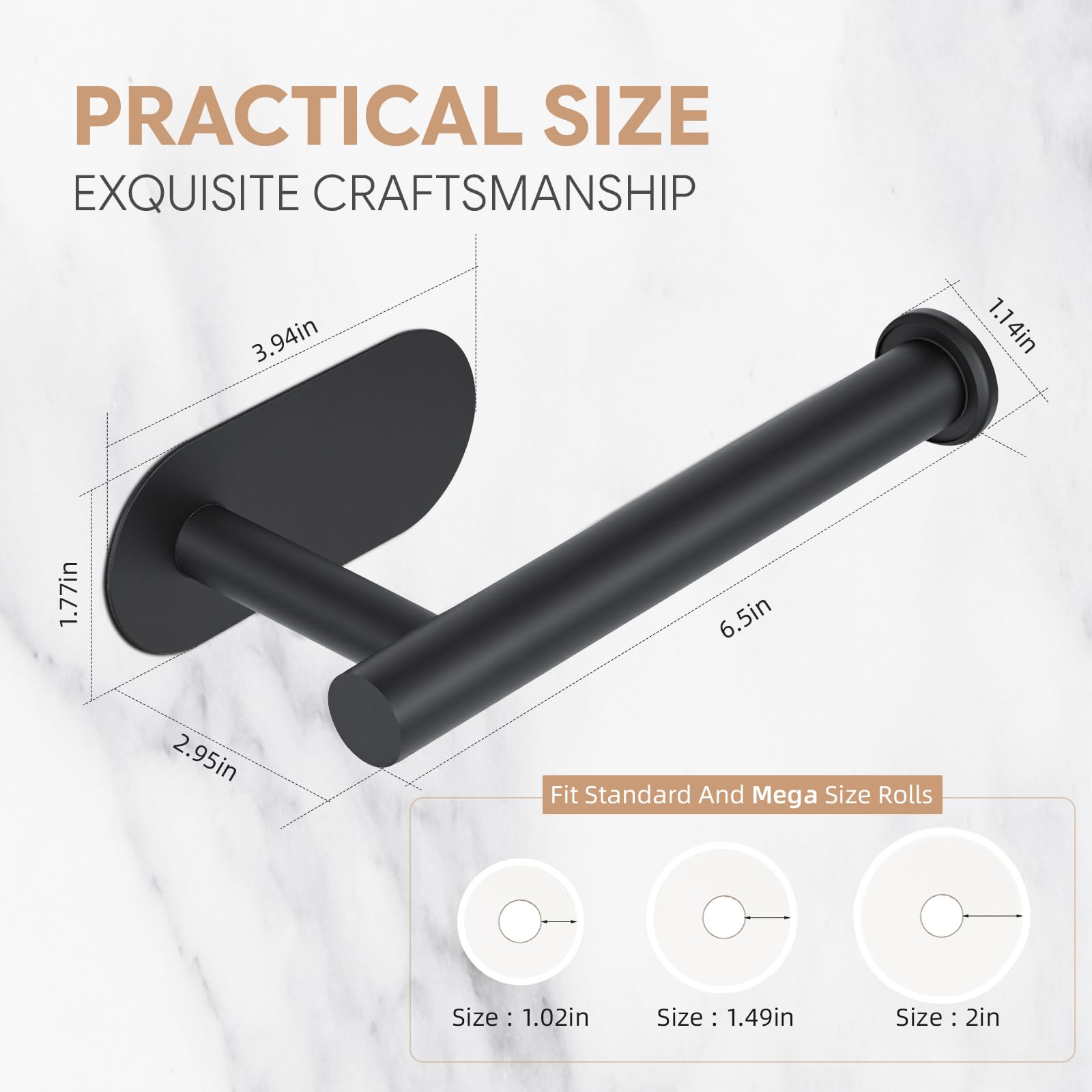 2 Pack Toilet Paper Holder, Adhesive Toilet Paper Holder Wall Mount, Premium Thicken SUS304 Stainless Steel, No Drilling Toilet Paper Stand Roll Holder for Bathroom Kitchen RV, Matte Black — Amazon image 3