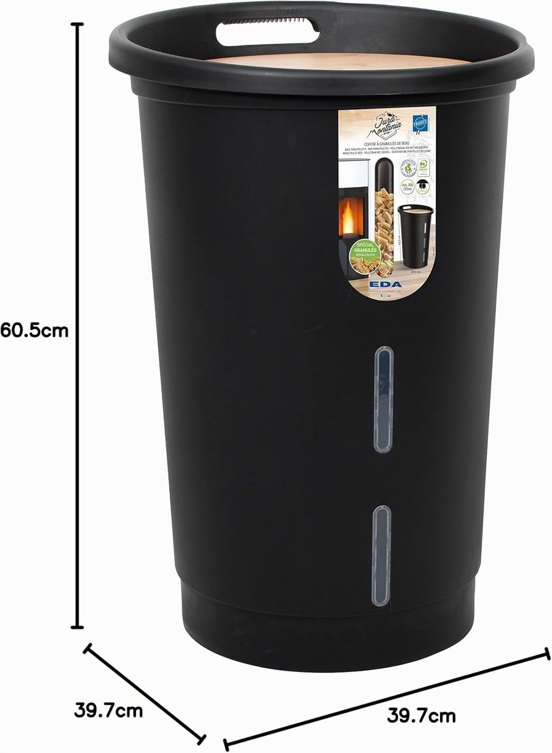 EDA - Baule per pellet Jura Montania con ruote 38 L - per 25 kg di pellets - nero, 010478 NO, Ø 39,7 x 60,5 cm