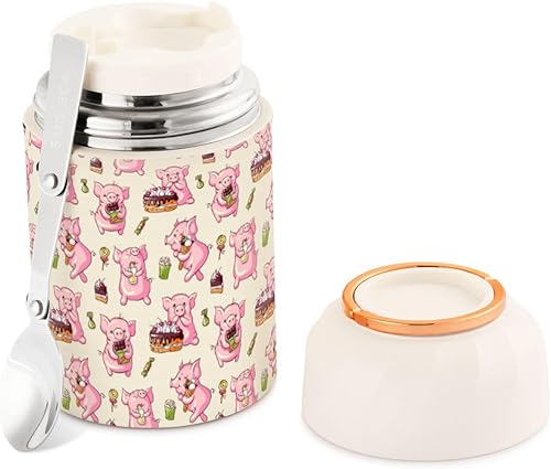 MCHIVER Pigs Sweets Food Jar with Spoon Stainless Steel Vacuum Insulated Food Container 17 oz Soup Thermos for Lunch