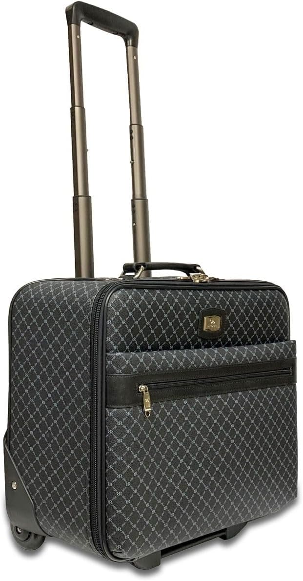 Rioni STB-20117 Signature RR Monogram Luxury Black Designer Canvas With Black Leather Trim Silver Tone Hardware Large Travel Laptop Briefcase Roller