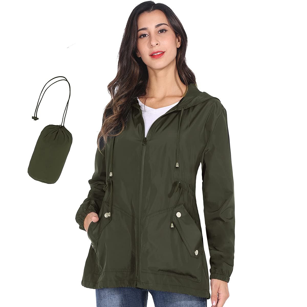 JTANIBWomen's Lightweight Hooded Drawstring Waist Waterproof Raincoat Windbreaker Packable Active Outdoor Rain Jacket