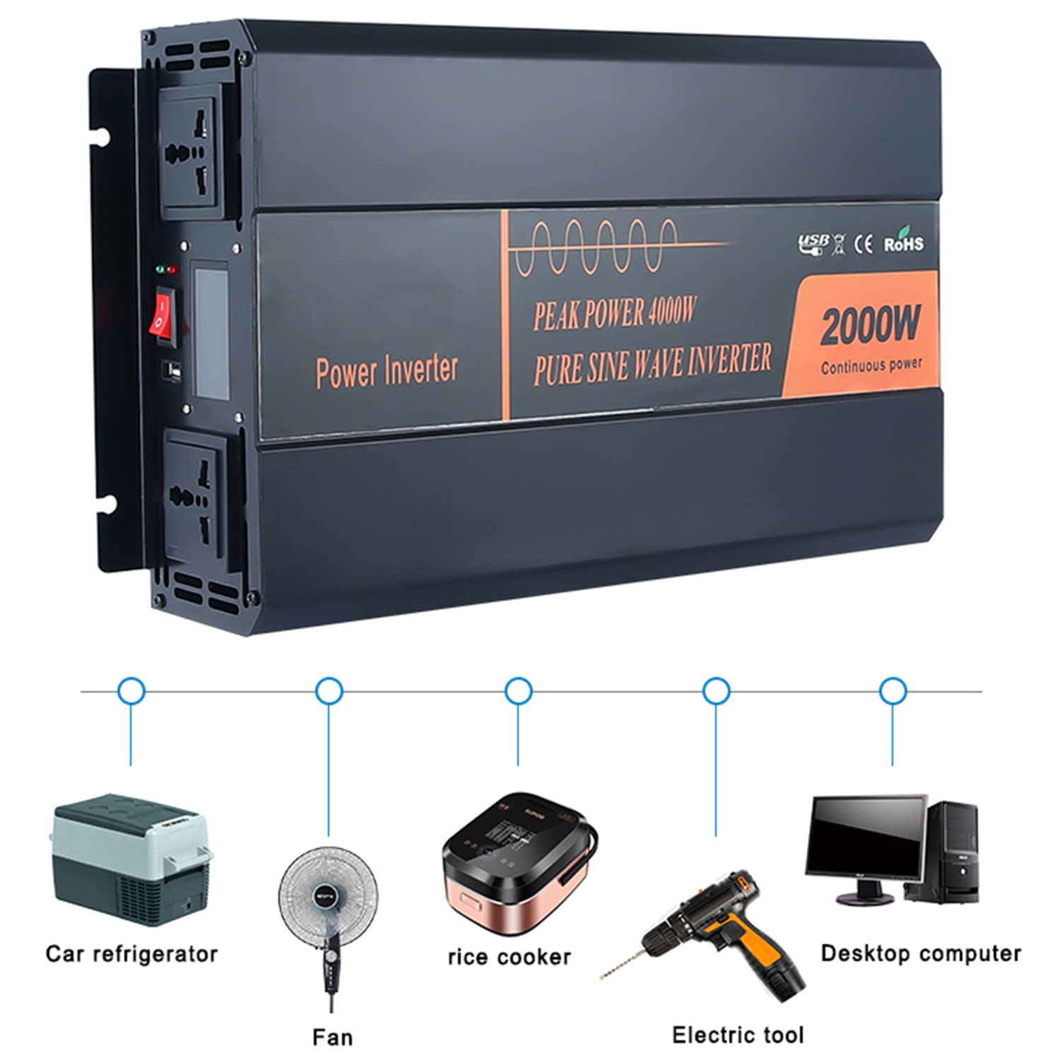 2000W 3000W 4000W 5000W falownik czysta fala sinusoidalna 12V 24V 48V do 230V przetwornica napięcia samochodowego przetwornica napięcia z ekranem LCD i 2 portami USB,2000W-48Vto230V