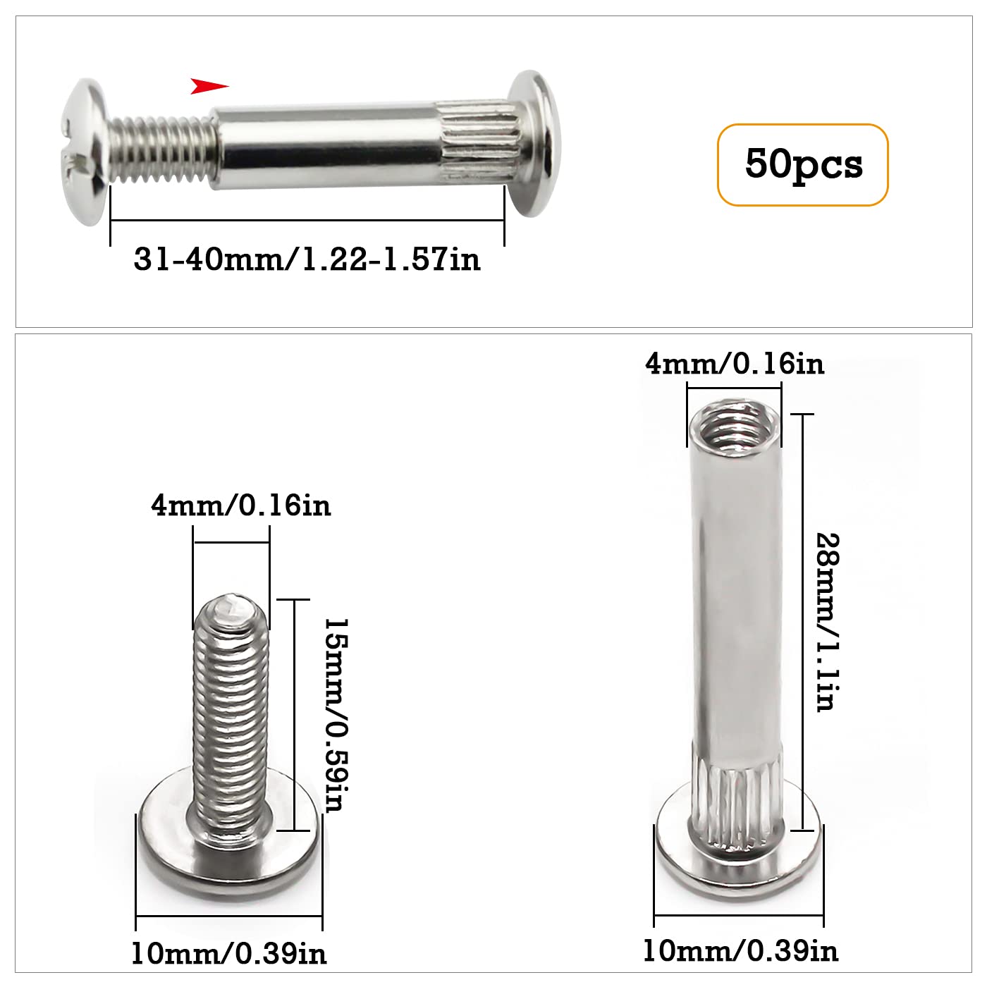 Tornillos De Conexión Para Muebles – 10 Unidades, 39-45 Mm, Rosca M6, Acero Galvanizado, Plateado, Con Ranura Y Phillips, Para Unir Armarios Modulares