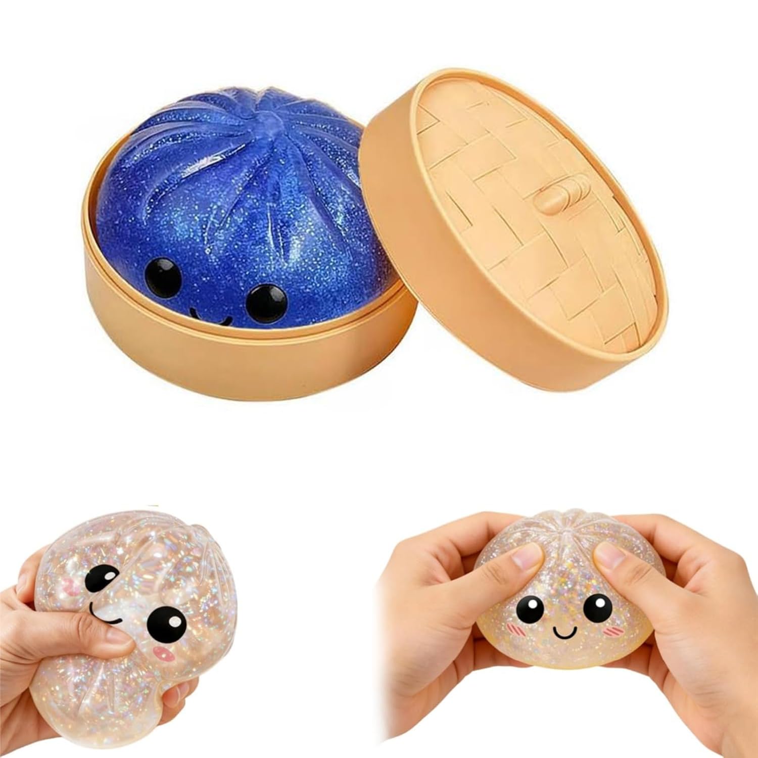 Giant Dumpling, 10cm Glitter Dumpling with Steamer Box, Soft Dough Dumplings Stress Balls, Colorful Sensory Fidget (C)