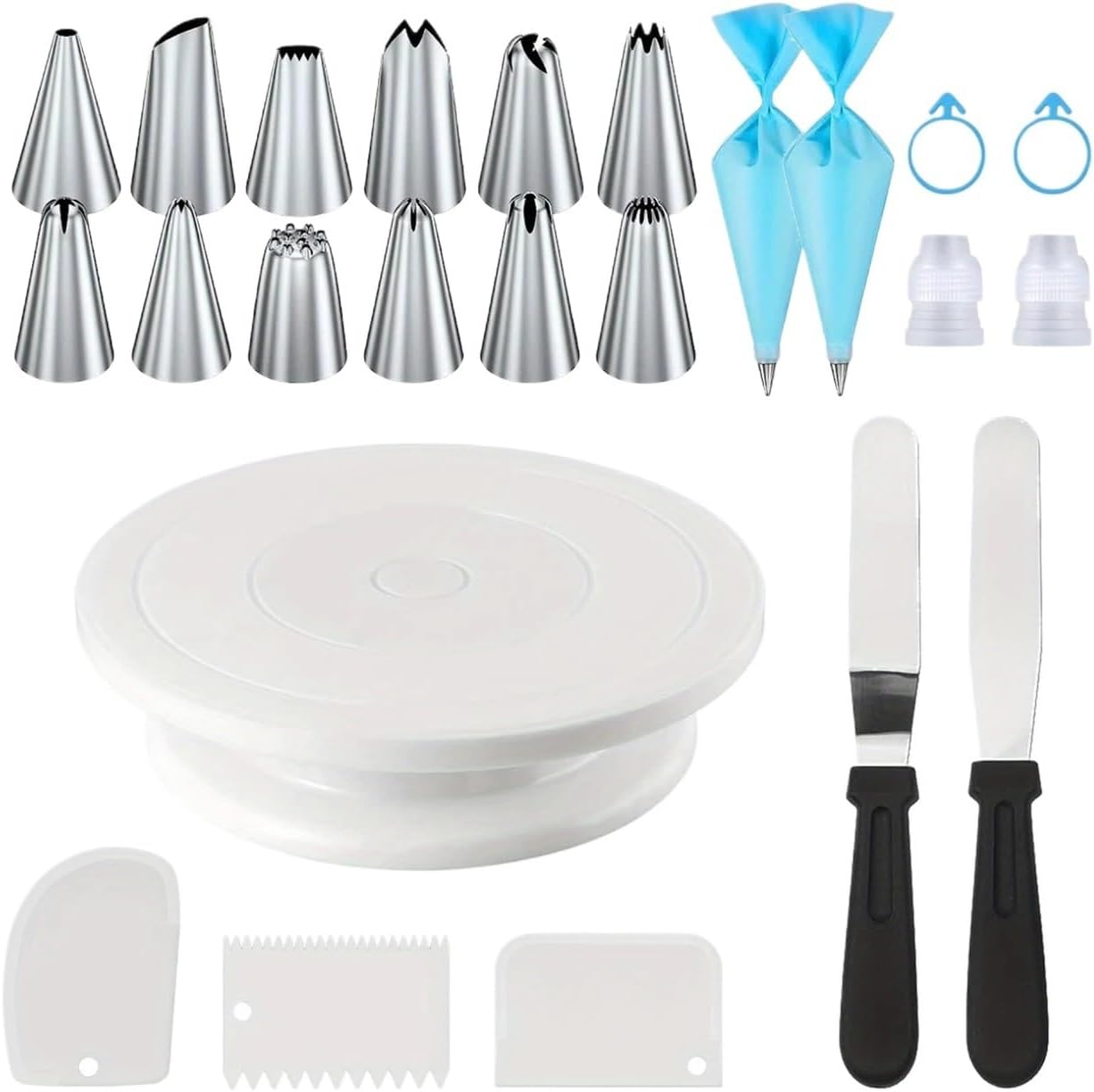 Genérico 24-Piece, Cake Decorating Set-, Non-Slip Turntable With 12 Piping Tips,Scrapers&Tools, For Baking Nozzles(24PCS-White)