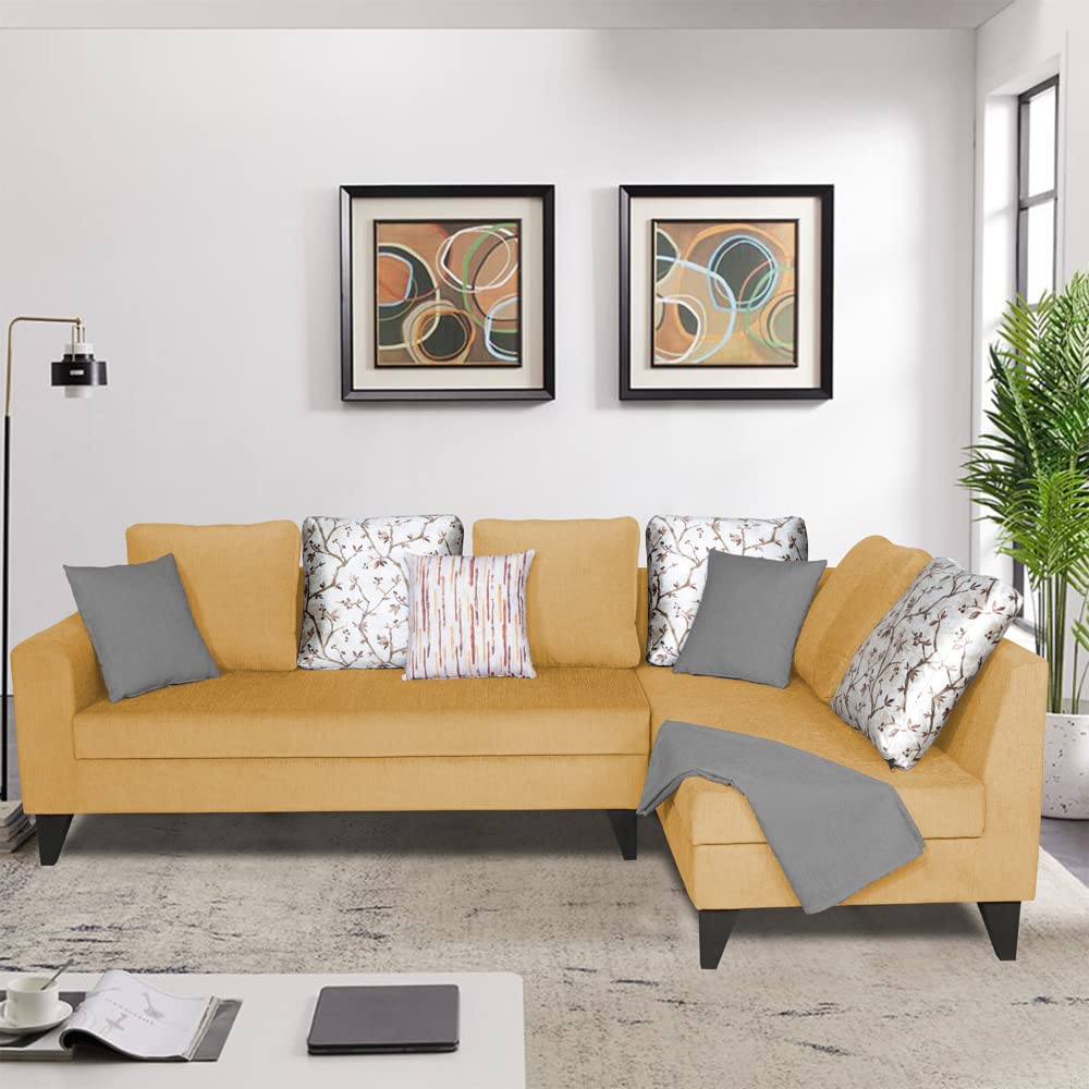 Adorn India Bryson L Shape 6 Seater Sofa Set Digitel Print (Right Hand Side) (Beige)