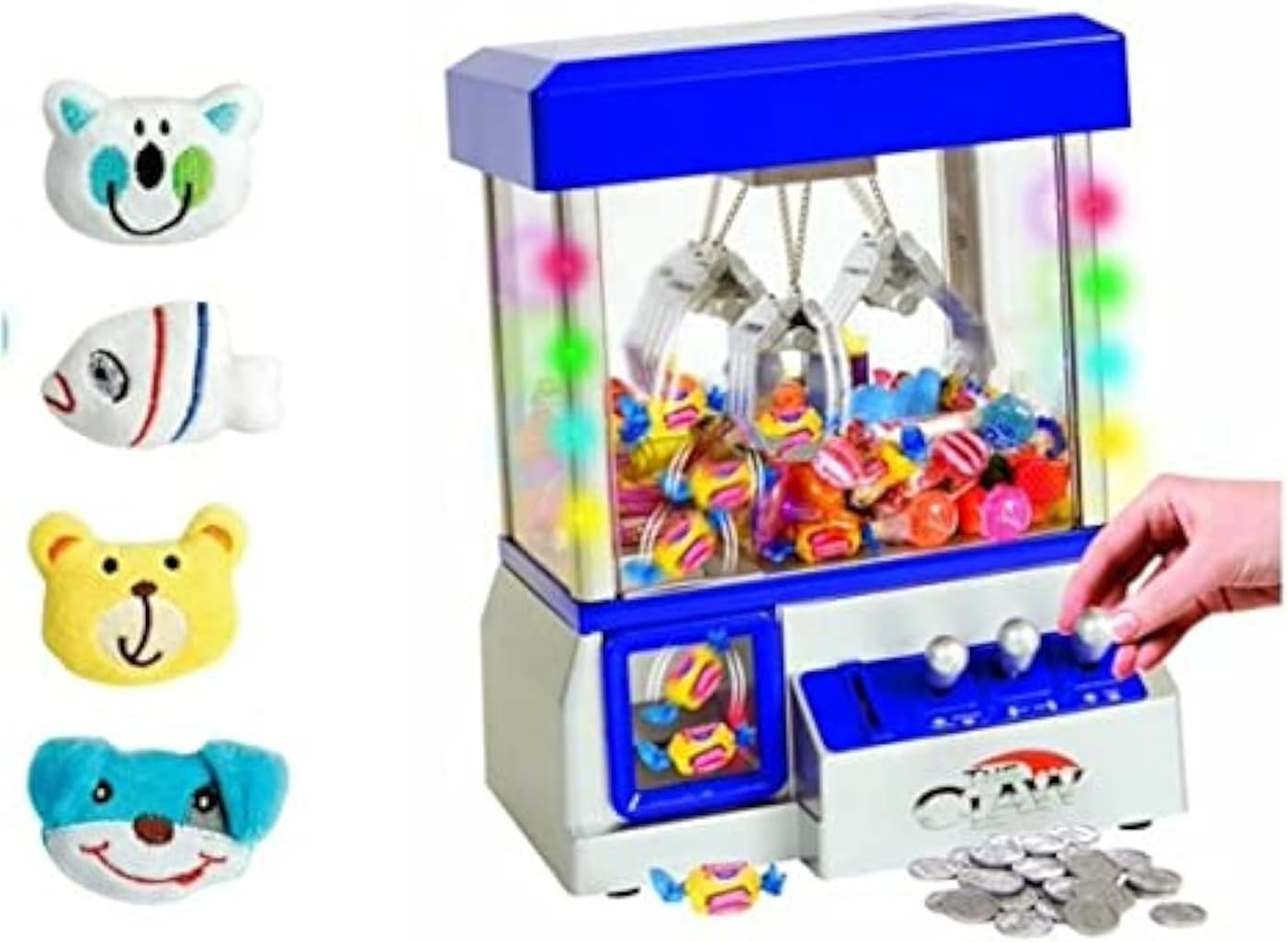 Claw Game Machine-Kids Mini Arcade Grabber- Toy Candy Dispenser Crane Toy Great Gift for Birthday & Christmas -with LED Lights and Sound Switch Bonus Plush Animals