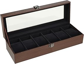 Scatola Porta Orologi - Porta Orologio in Legno Effetto Noce, 6 Scomparti, Coperchio in Vetro, Cuscinetti Rimovibili, Chiusura in Metallo, Ideale per Conservazione e Esposizione (Noce Marrone)