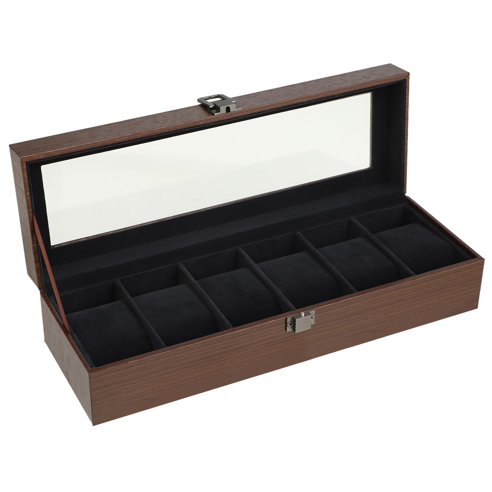 Windfromort Caja para Relojes de Madera, 6 Compartimentos, Nogal Marrón - Acabado de Nogal, Tapa de Vidrio, Cojines Extraíbles y Cierre Metálico | Ideal para Almacenamiento y Exhibición