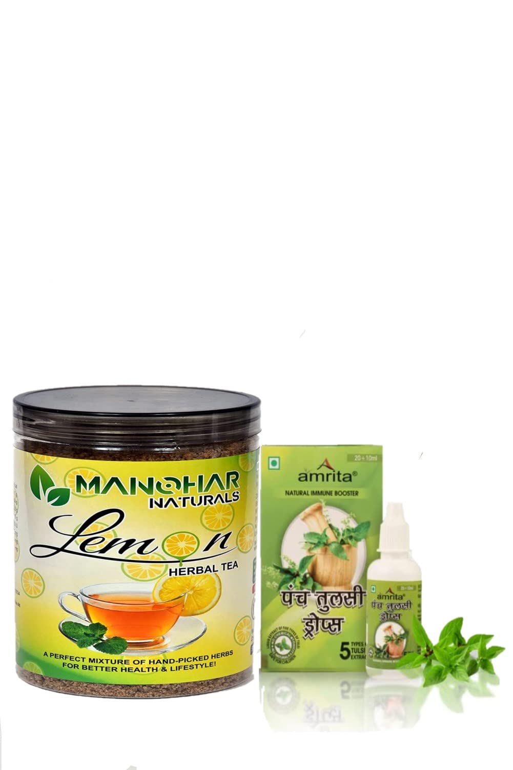 Panch Tulsi Drops Lemon Herbal Tea Box Combo Pack Free With Manohar Naturals Lemon Flavoured Herbal Tea (250 Gram) | Caffeine-Free | Supports Healthy Immune System Boosts