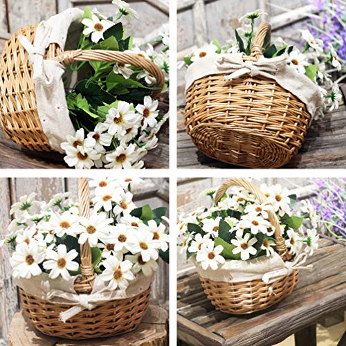 Cesto de piquenique de vime com alça de flor de tecido e salgueiro decorativo para cerimônia de casa