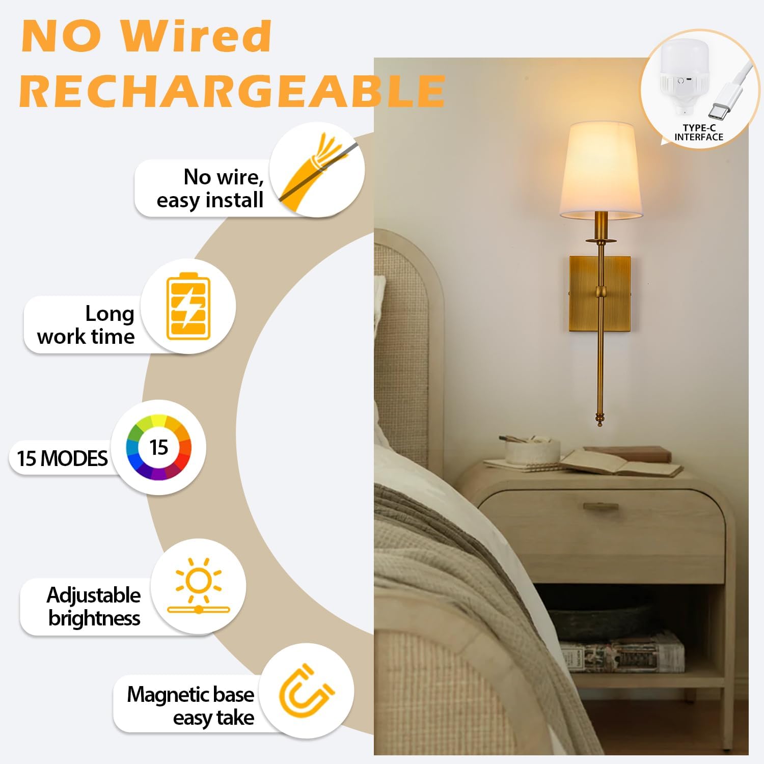 PASSICA DECOR Battery Operated Wall Sconce Set of 2, Rechargeable Wireless Wall Lights with 15 Colors Dimmable Bulbs, Remote Control, Brass Battery Wall Sconces for Bedroom, Living Room