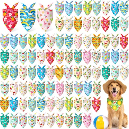 Preboun 100 Pieces Summer Bandanas for Dogs Bulk Hawaiian Dog Bandanas Fruit Kerchief Set for Summer Puppy Small Medium Large Pets Costume Accessories(31.5 x 21.7 x 21.7 Inch)