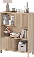 FATORRI 5 Cube Bookshelf with 2 Waveform Doors, Modern Light Walnut Wood Bookcase for Living Room Home Office Entryway