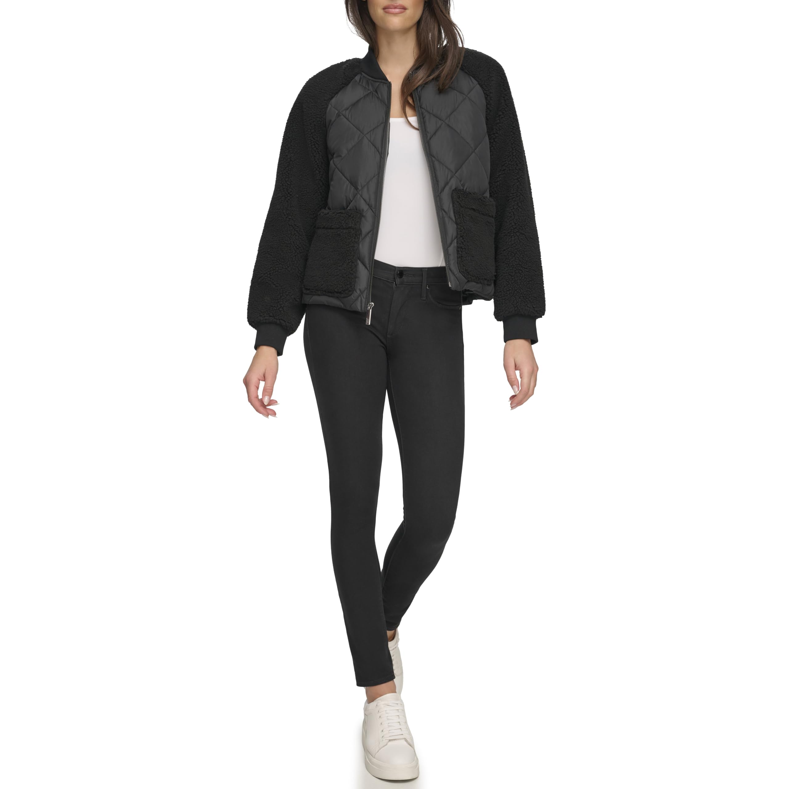 Andrew Marc Women's Mixed Sherpa Bomber Jacket
