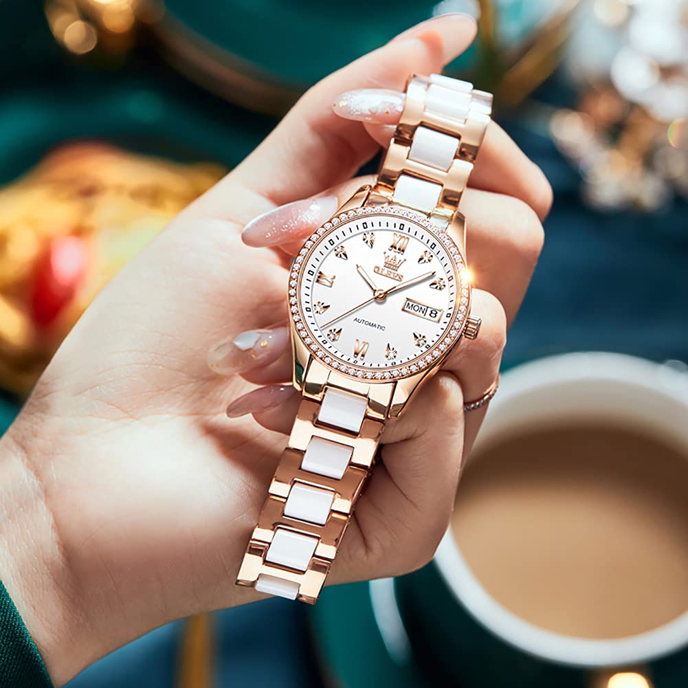 OLEVS Damen Automatikuhr Diamant Lünette modisch wasserdicht Kalender zweifarbig, Edelstahl Keramik Armband