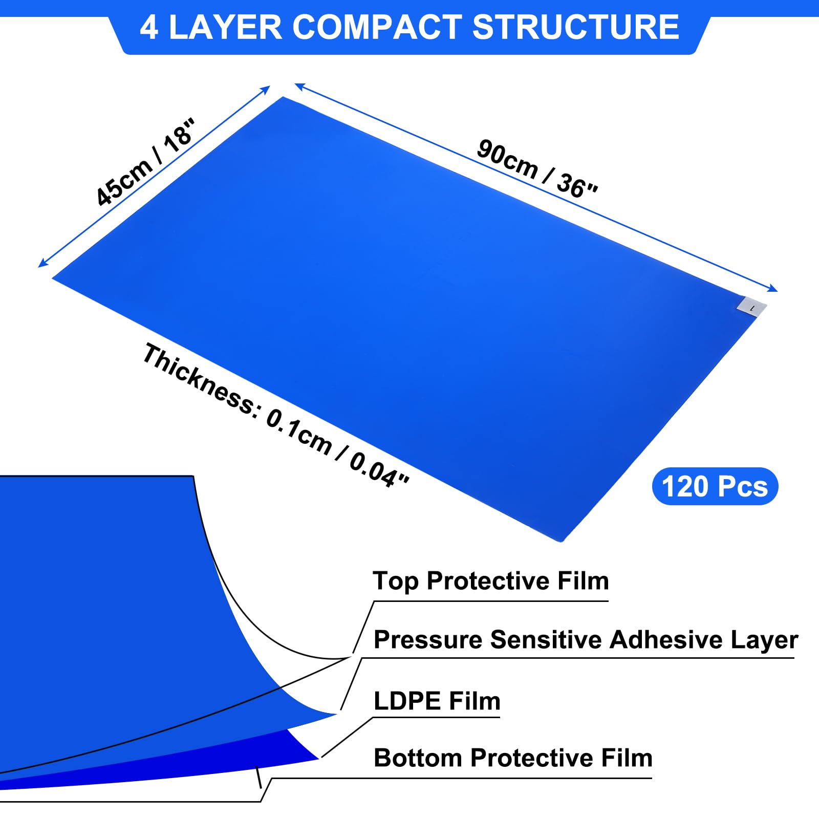 PATIKIL Collant/Tacky Mat, 120 pcs 36" x 18" Adhésif Tapis 1mm Épaisseur, Enlever Poussière et Saleté Chaussures et Equipement Roues pour Laboratoire Construction Accueil, Bleu