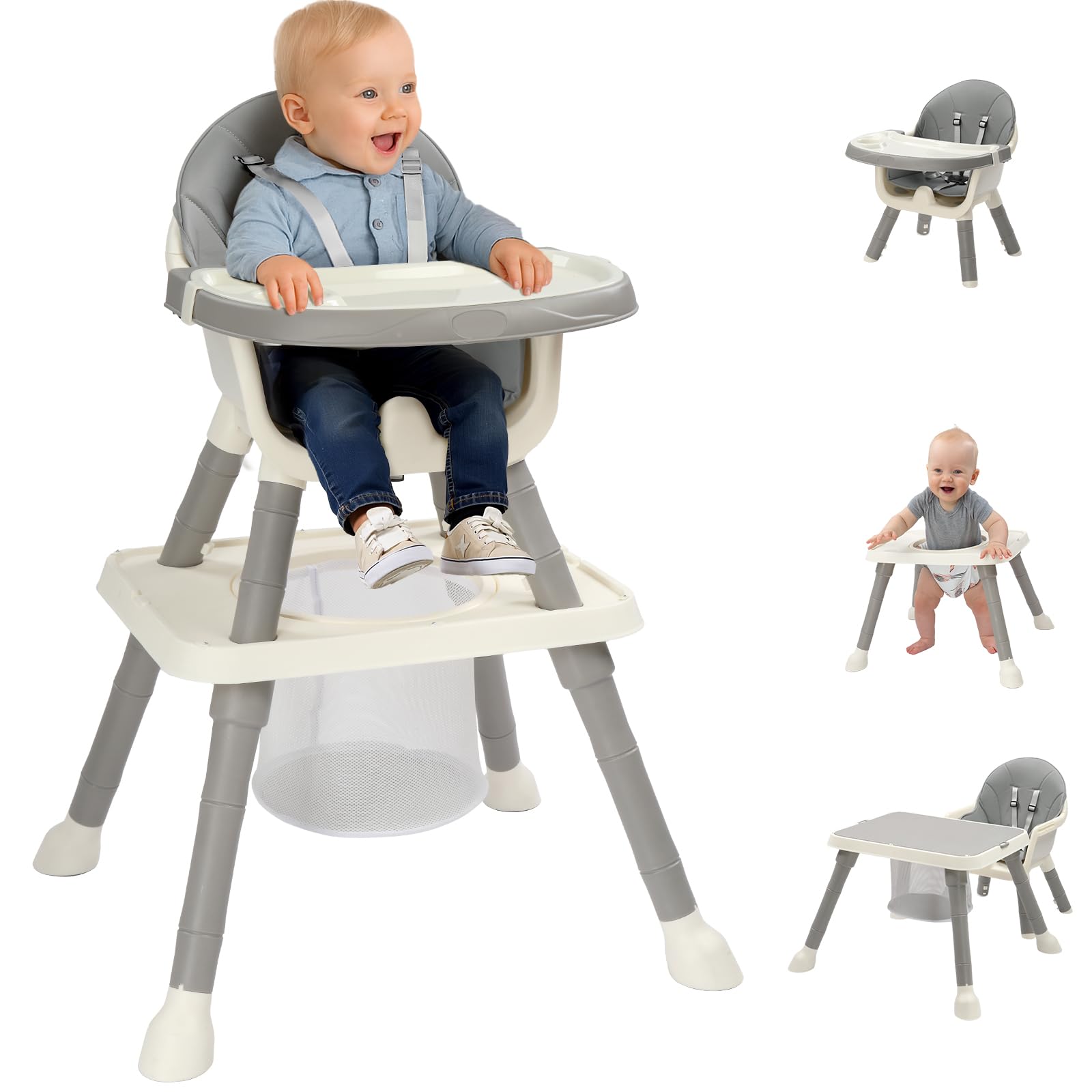 LEADZM 7 in 1 Babyhochstuhl, Umwandelbarer Tisch und Stuhlset, Abnehmbares Doppeltablett, Hochstuhl Baby mit Aufbewahrungskorb, Grau