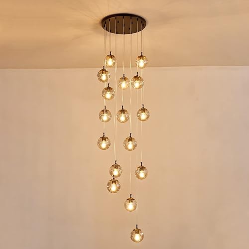 Miniatura 9 de SZXYKEJI Candelabro de 16 Luces Estilo Mediados de Siglo con Globo de Cristal para Escalera, Accesorio de Lámpara Colgante Larga, Candelabros
