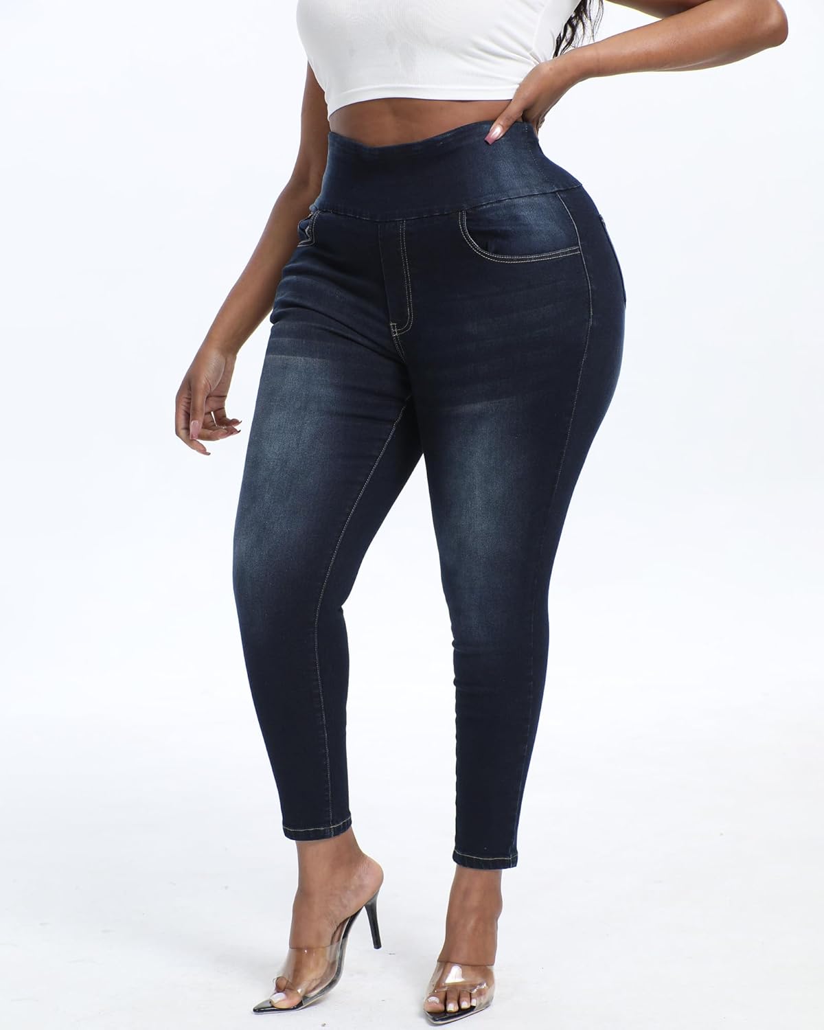 Women Plus Size Pull On Jeans Stretchy Skinny Leg High Waisted Ripped Ankle Jean - Image 3
