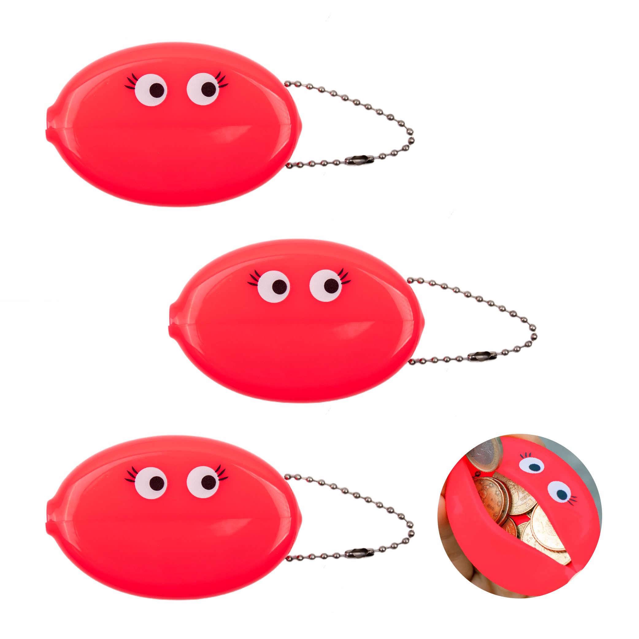 Fisura Oval Rubber Coin Purse Eyes Pink Retro Coin Purse with Chain Small Wallet for Pocket Unisex Wallet Gift Pack of 3