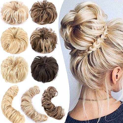 SEGO Messy Bun Hair Piece Bun Hair Scrunchie 100% Real Human Hair Buns Extensions DIY Wrap Around Touseld Updo Ponytail Wavy Donut Chignons for Women Kids #24P613 Natural Blonde&Bleach Blonde