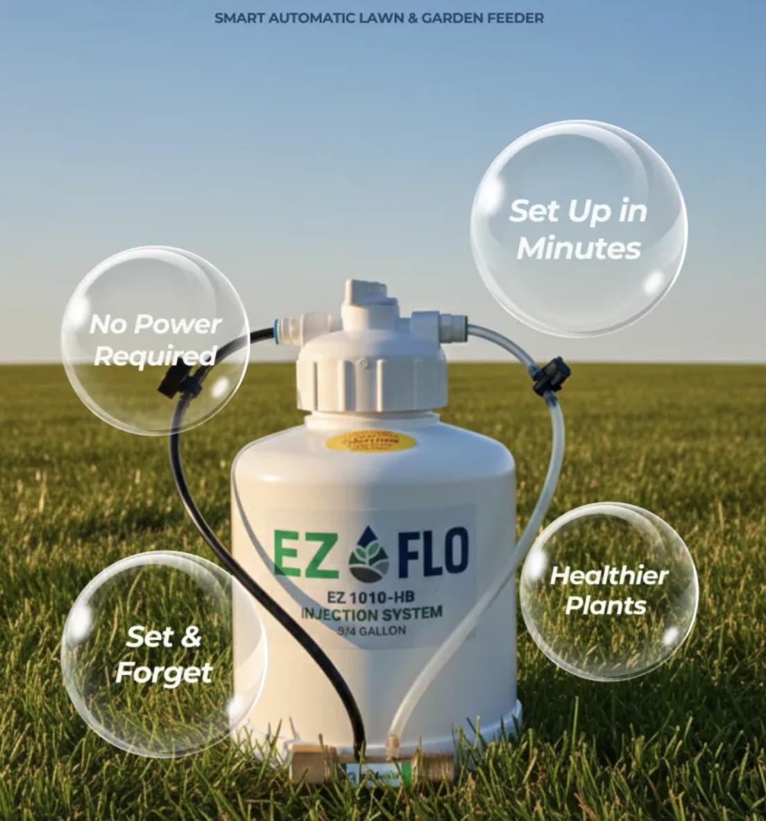EZ‑FLO - Inyector de fertilizante de 1 galón | Sistema de conexión de manguera y goteo | Cobertura de hasta 16,000 pies cuadrados | Microdosificación ajustable | Conector GHT de 3/4 pulgadas | EZ 1010