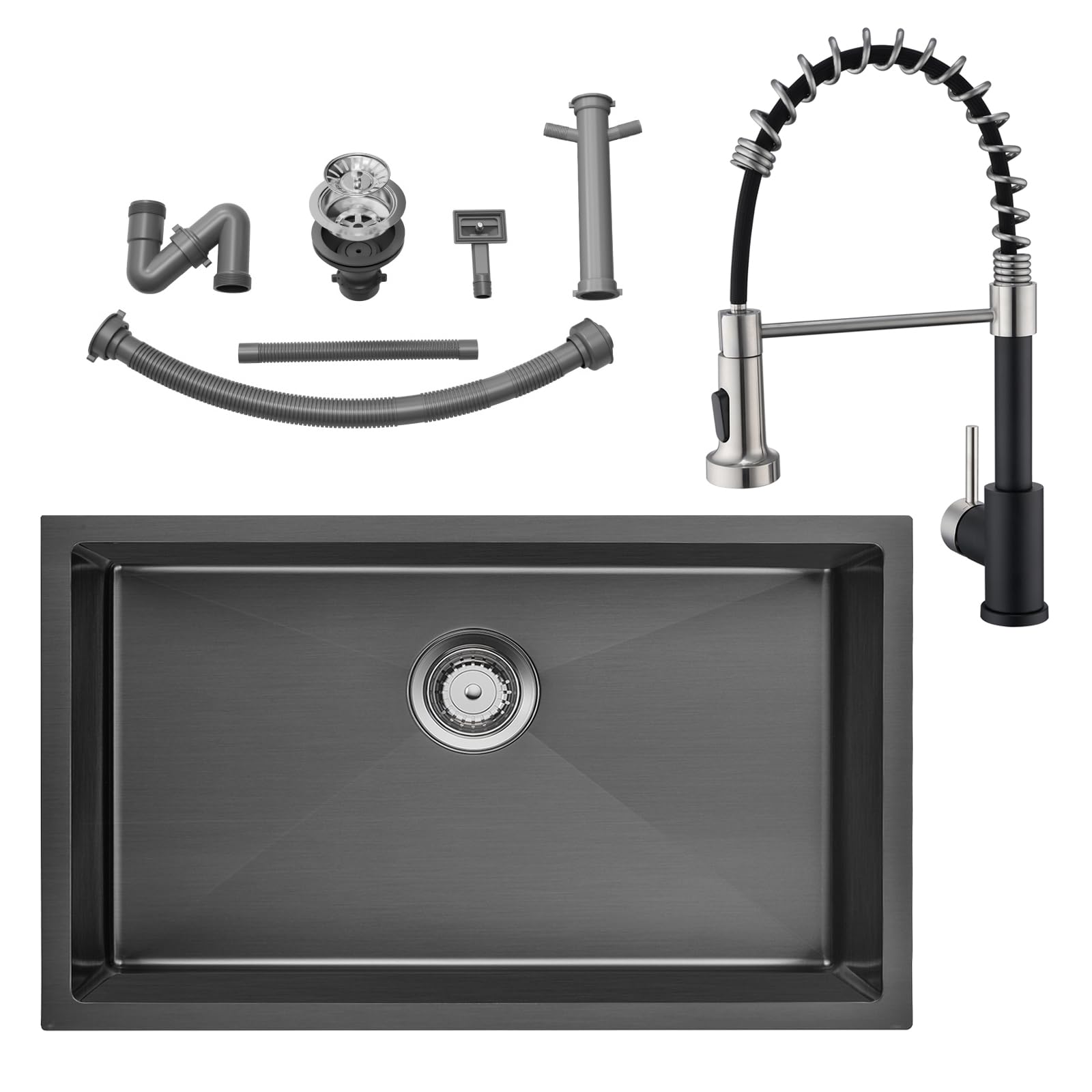 Auralum Lavello Cucina 1 Vasca Nero 70 x 44 cm + Rubinetto Lavello Cucina Nero con Doccetta Estraibile