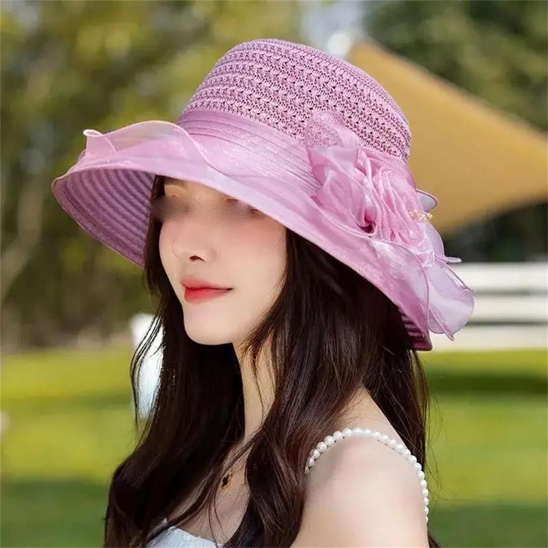 Yeuyyben Elegante cappello da chiesa da donna con fiore estivo a tesa larga cappello Fedora per le donne cappello in organza cappello da spiaggia cappello da sole